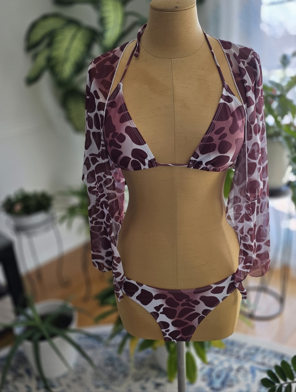 SHEIN 3 Piece Bikini Set Brown Abstract Print Mesh Cover Up Halter Swimwear S